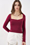 Women's Square Collar Slim Fit Blouse 986 - Burgundy - 4