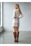 Women's Lilac-Ecru Plaid Patterned Cashmere Mini Skirt Nj63 - 3