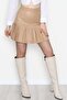 Women's Beige Half Pleated Faux Leather Mini Skirt Nj66 - 4