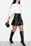 Women's Black Half Pleated Faux Leather Mini Skirt Nj66 - 5