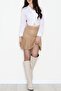 Women's Beige Half Pleated Faux Leather Mini Skirt Nj66 - 5