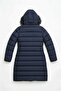 Women's Navy Long, Hooded Lightweight Puffer Jacket – Fur-Trimmed, Zippered, Winter - 2