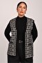 Women's Black Stone Beard Feather Plaid Pattern Pocketed Knitwear Vest