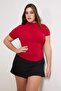 Red Mock Neck Shirred Sandy Knitted Plus Size Blouse Tbbaw26Af00053 - 2