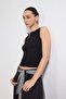 Siyah Fitted/Vücuda Oturan Kolsuz Düğmeli Crop Fitilli Esnek Örme Bluz TWOSS26BZ00330 - 2