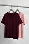 Bordo Pembe 2'li Paket Basic V Yaka %100 Pamuk Örme Büyük Beden T-Shirt TBBSS22TS0705 - 6