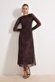 Kahverengi Soyut Büzgü / Drape Maxi Örme Elbise TWOAW25EL00408 - 2