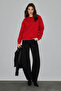 Motion Women's Organic Cotton Fleece Lined Round Neck Patch Detailed O Oversized Red Sweatshirt
