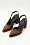 Women's Brown Satin Fabric Asymmetrical Strap Pointed Toe Thick Heeled Shoes - 8