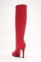 Women's Pointed Toe Zipperless Thin Heeled Below-The-Knee Boots Monias Red Cowhide Suede - 4