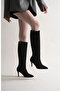 Women's Pointed Toe Short Heeled Boots Zelda Black Cowhide Suede - 5