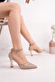 Women's Gold Glitter Patterned Ankle Strap Closed Back Heeled Shoes - 3