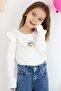 Girl's Long Sleeve T-Shirt with Happy Bear Accessory and Ruffled Shoulders, Ages 2-6, White - 2