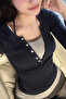 Dark Blue Buttoned Gray Inserted Long Sleeve Crop - 2