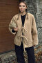 Beige Oversize Women's Wool Cashmere Jacket with Tie Detail