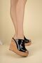 Black Dakten Cork Patent Leather Wedge Heeled Women's Slippers - 3