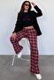 Burgundy Elastic Waist Wide Leg Plaid Trousers Mg2658 - 3