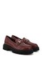 Women's Burgundy Thick Heeled Buckled Genuine Leather Loafer Shoes - 4