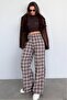Bitter Brown Elastic Waist Wide Leg Plaid Trousers Mg2658 - 3