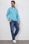 Unisex Relax Fit Comfortable Cut Cotton Fleece Inside Half Zipper Light Blue Stand Collar Sweatshirt - 5