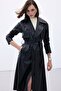 Belted Long Leather Trench - Black - 5