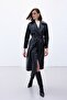 Belted Long Leather Trench - Black - 7