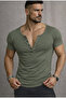 Special Edition Khaki Green Slim Fit Henley Collar Buttoned Slim Fit Wide Collar T-Shirt - 4