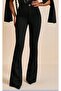 Black Button Detail High-Waist Flared Interlock Knit Leggings Pants
