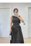 Crepe Back Wing Back Front Long Women's Dress with Pen Detail - Black