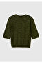 Women's Khaki Green Viscose Blend Patterned Crew Neck Short Sleeve Sweater - 3