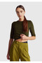 Women's Khaki Green Viscose Blend Patterned Crew Neck Short Sleeve Sweater