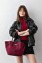 Meet Terra Burgundy Suede Look Large Volume Women's Shoulder Bag with Lock Accessory - 2