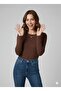 Women's Brown Long-Sleeved Crew Neck Long Viscose Blouse - 3