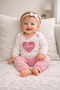 Baby Girl Pink Süzene Heart Embroidered 3-Piece Set Body-Pants-Bandana - 2