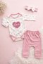 Baby Girl Pink Süzene Heart Embroidered 3-Piece Set Body-Pants-Bandana - 5