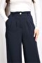 Women's Gold Buttoned Casual Pleated Palazzo Latina Trousers Navy Blue