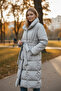 Women's Stand Collar Belted Maxi Length Gray Puffer Coat - 4