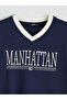 Navy Blue V-Neck Manhattan Printed Oversized Women's T-Shirt - 6