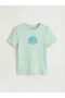 Turquoise Crew Neck Embroidered Girls' T-Shirt