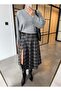 Gray Plaid Skirt with Leather Belt and Slits - 2