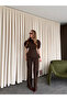Brown Balloon Sleeve Asymmetric Blouse Pants Set - 25194 - 4