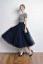 Navy Blue 3 Layer 75 cm Length Midi Puffy Zippered-Elastic Waist Comfortable High Waist,Party Tulle Skirt - 2