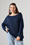 Women's Navy Blue Oversized Casual Comfortable Fit Boat Neck Knitwear Sweater - 3
