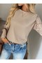 Women's Waffle Fabric Crew Neck Floral Sleeves Lace Detail Elegant Blouse - 4