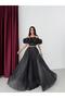 Black Madonna Collar Waist Stone Embellished Evening Dress - 2