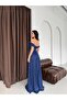 Navy Boat Neck Pleated Evening Dress - 5