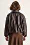 New Season Trend Model Oversized Belted Leather Bomber Jacket - 7