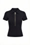Women's Shoulder Pad Detailed Zippered Cotton Blouse – Black - 8