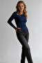 Navy Blue Asymmetrical Cut Slim Fit Full Lycra Women's Body Blouse - 4
