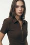 Women's Shoulder Pad Detailed Zippered Cotton Blouse – Brown - 2